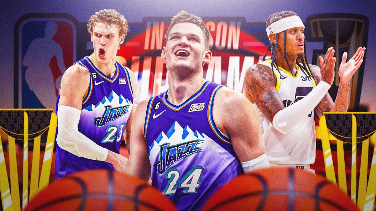 Jazz F Lauri Markkanen, Walker Kessler, and Jordan Clarkson all hyped up, with NBA In-Season Tournament logo and trophy in the middle