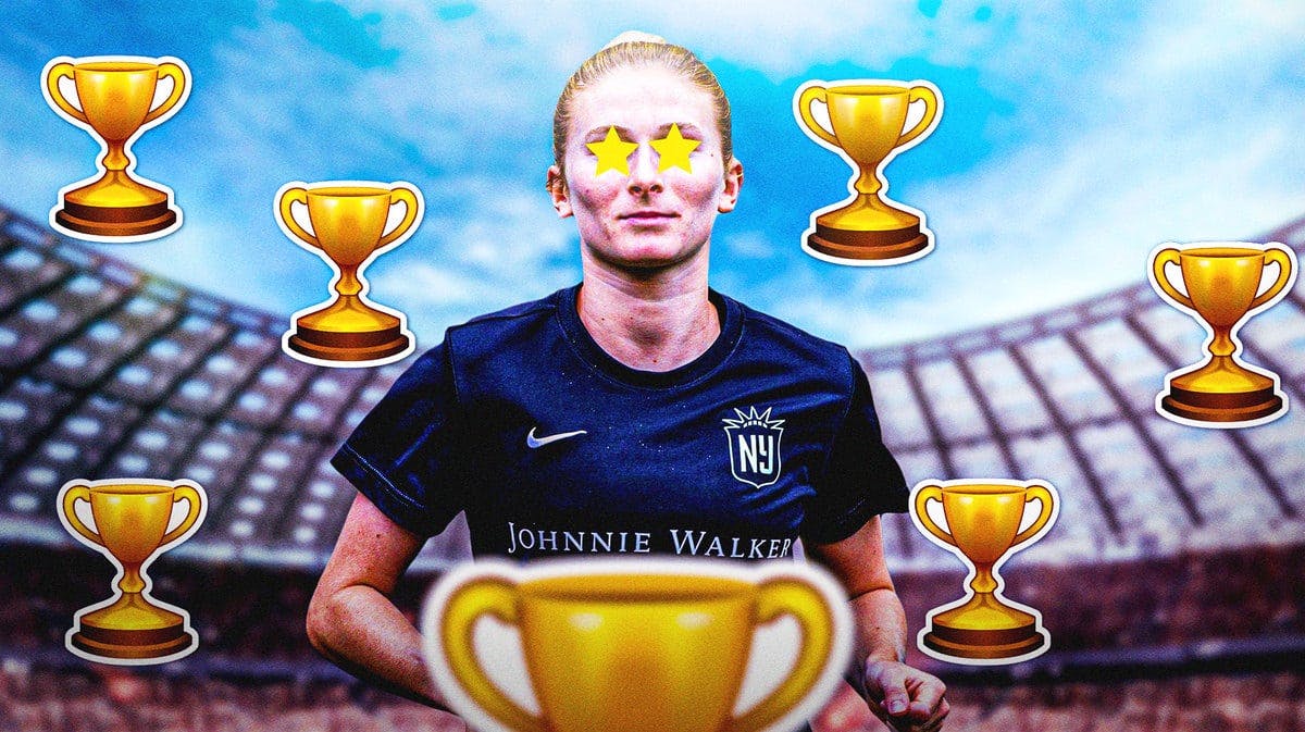 Gotham FC player Jenna Nighswonger, with stars in her eyes and trophy emojis around her. The background should be a soccer stadium