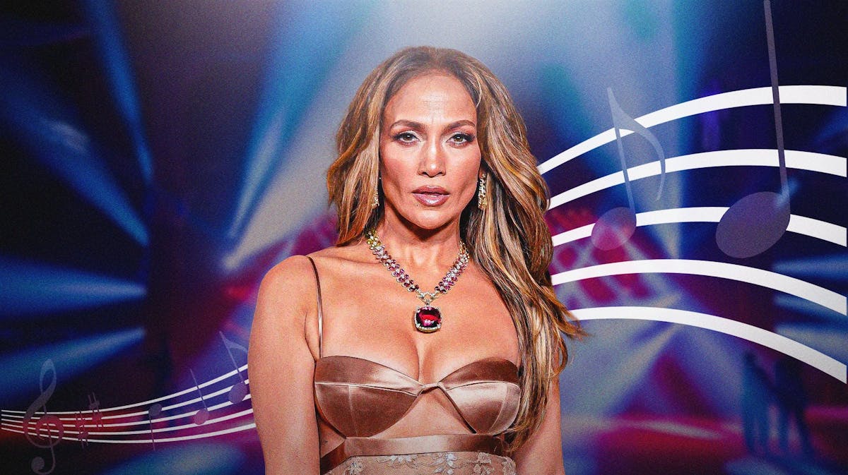 Jennifer Lopez surrounded by music notes.