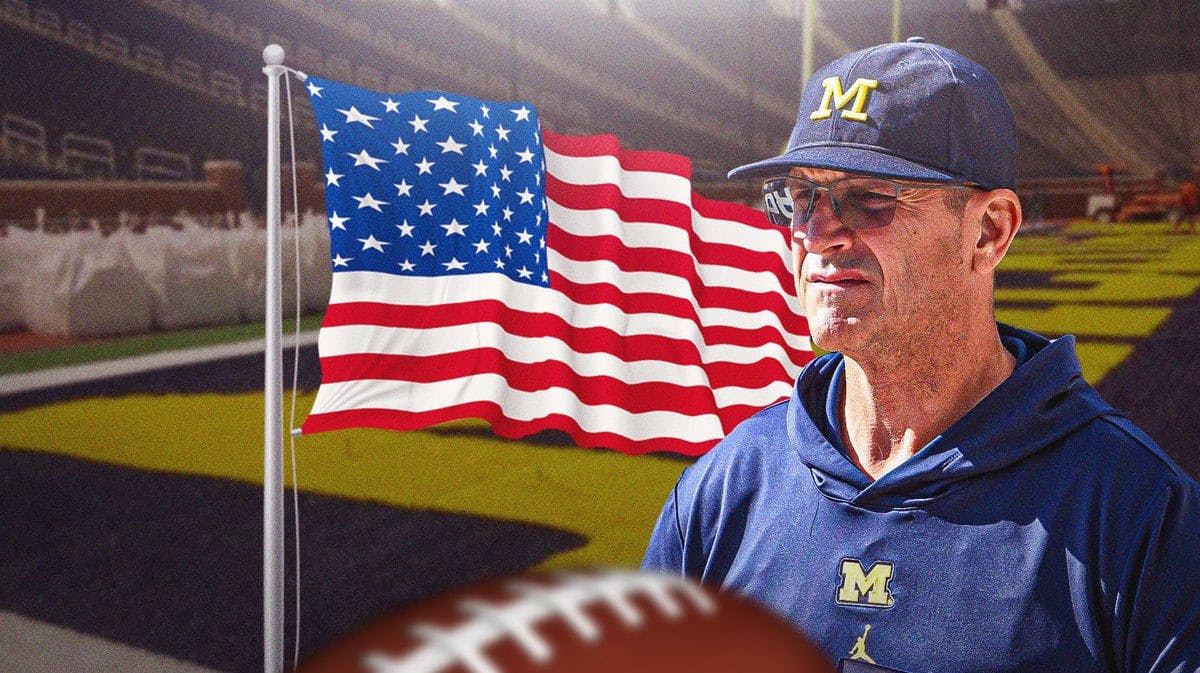 Michigan football’s Jim Harbaugh with an American flag in background