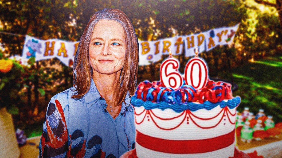 Actress Jodie Foster and a birthday cake with 60 on it.