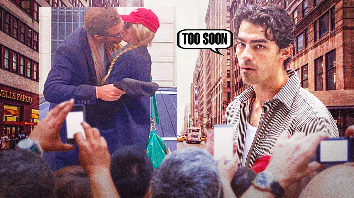 Joe Jonas alongside the image of Sophie Turner kissing British aristocrat Peregrine Pearson. Jonas has a speech bubble, “Too soon."