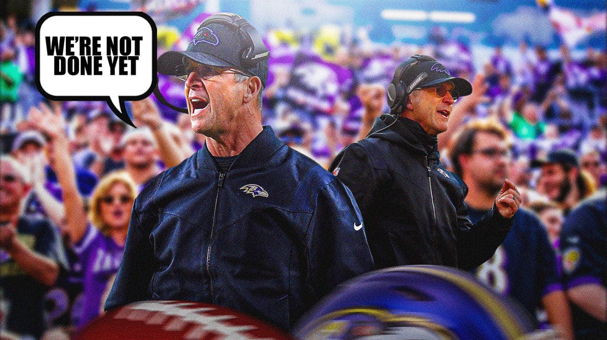 John Harbaugh yelling with a caption bubble that says “We’re not done yet”