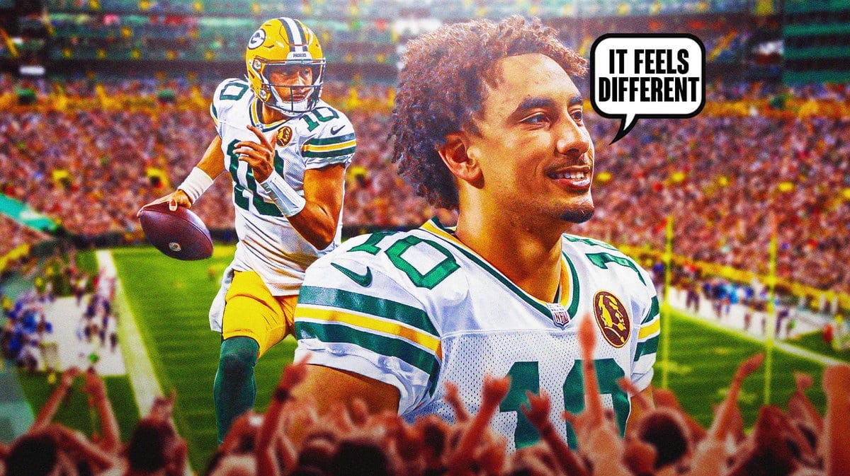 Jordan Love in action in Packers jersey, another photo of him smiling saying “It feels different”