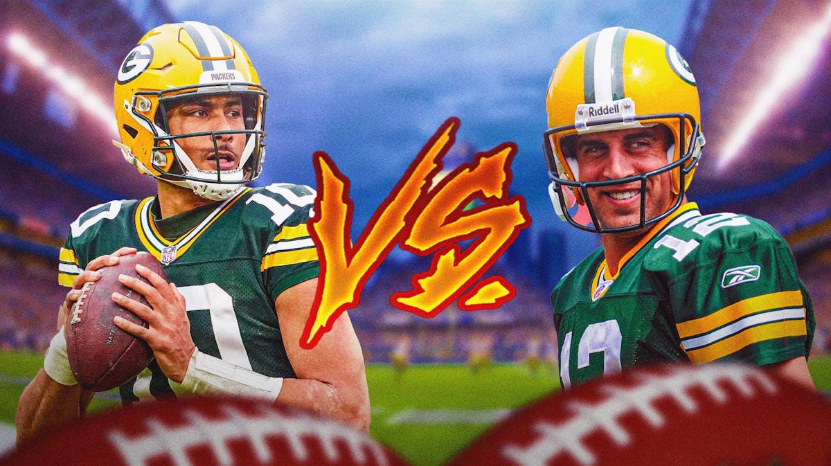 Packers' Jordan Love hyped up (2023) on the left with a versus logo in the middle and Packers' Aaron Rodgers (2008) smiling on the right
