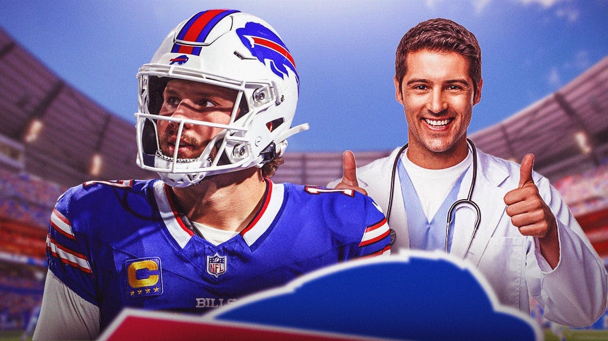 Josh Allen with a doctor standing next to him. Have the doctor giving the thumbs up