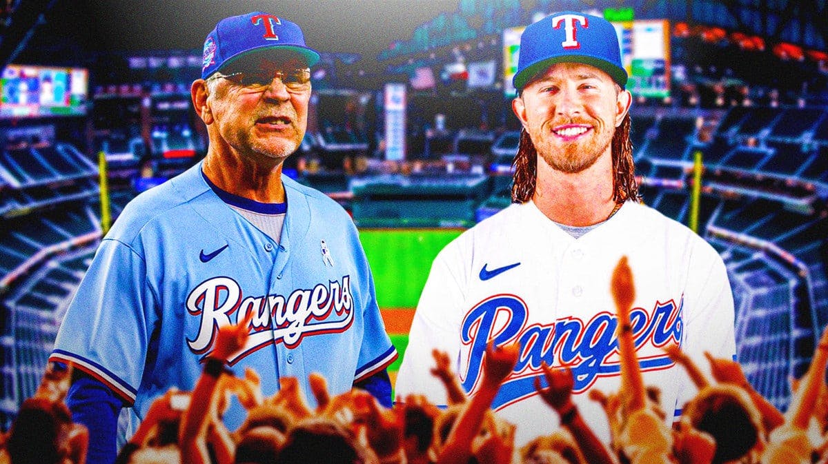 Josh Hader in a Rangers uniform with no number. Have Bruce Bochy looking at him