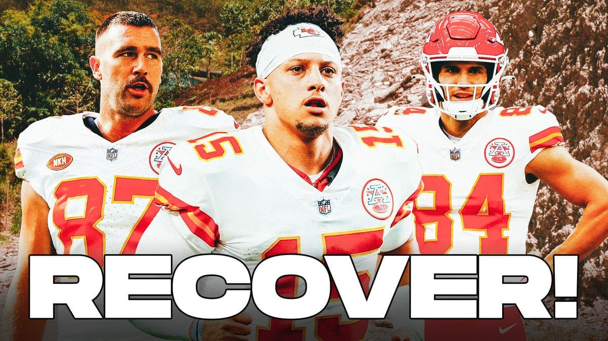 Patrick Mahomes, Travis Kelce, Justin Watson all beside each other with a rockslide in the background.