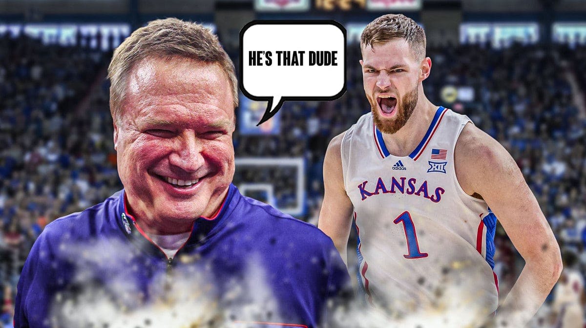 Bill Self smiling next to Hunter Dickinson (in a Kansas jersey) caption bubble from Self saying “He’s that dude”