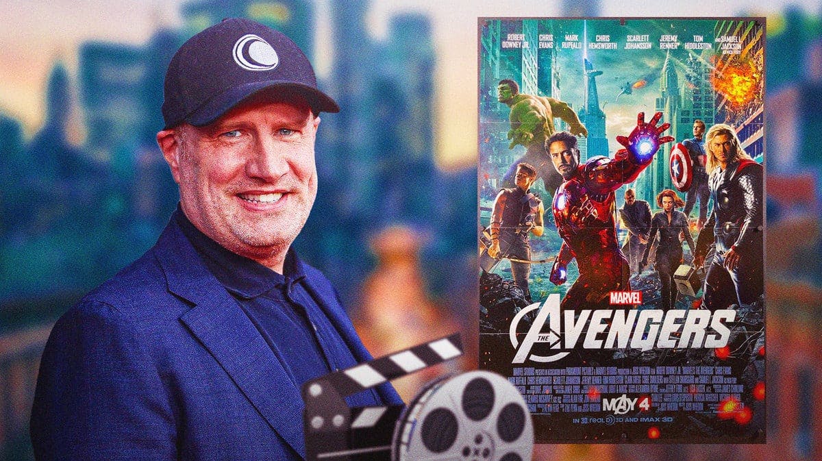 Kevin Feige next to MCU Avengers poster.