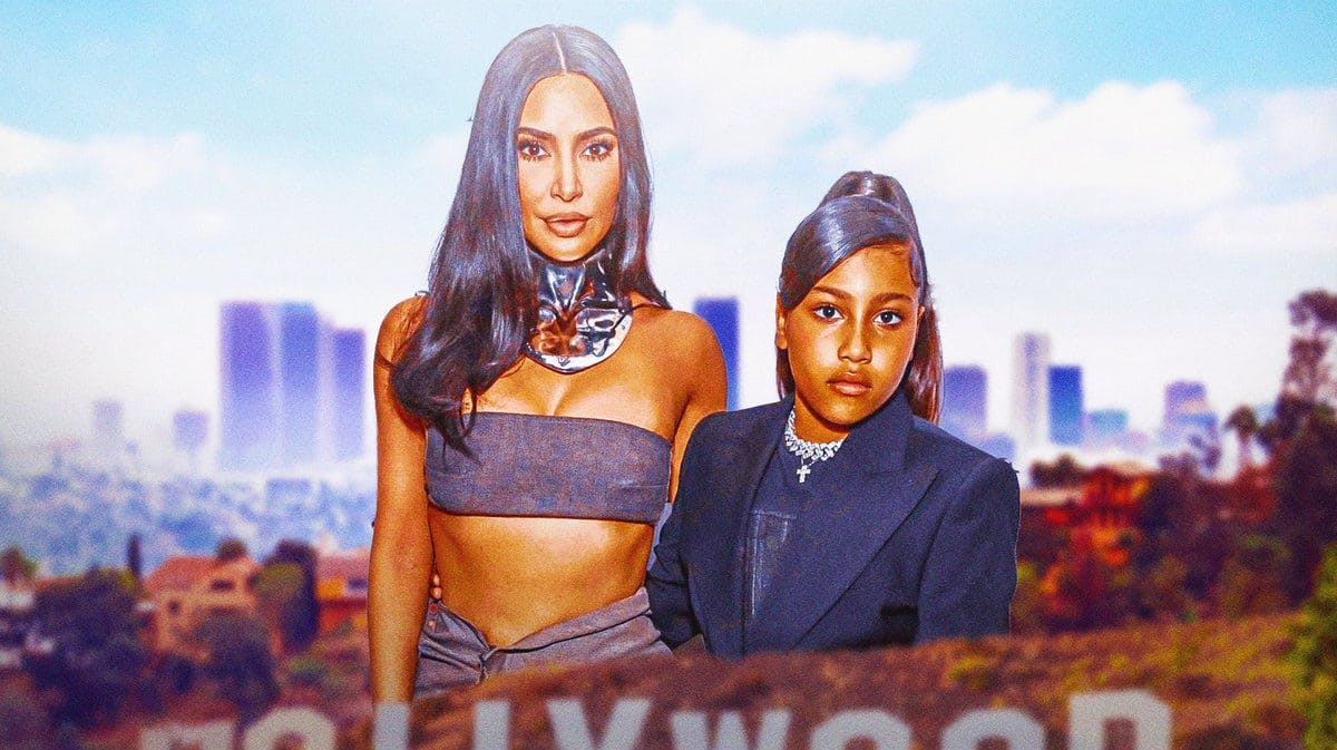 Kim Kardashian and North West with the Hollywood sign
