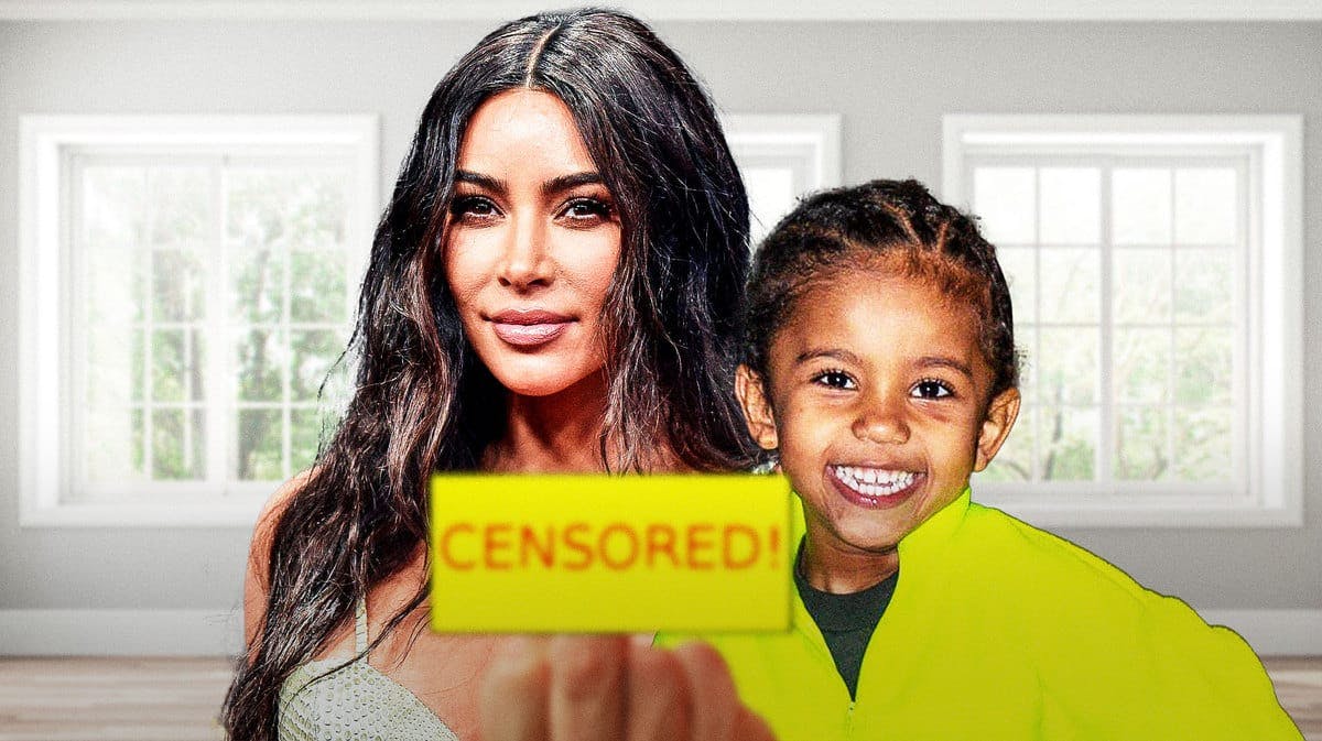 Kim Kardashian with her son Saint West smiling as a "censored!" graphic hides an image of a middle finger being flipped