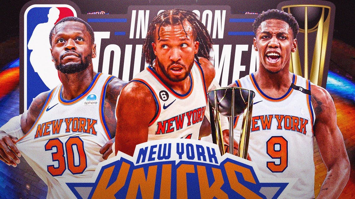 Knicks' Julius Randle, Jalen Brunson, and RJ Barrett all hyped up, with the NBA In-Season Tournament logo and trophy in the middle