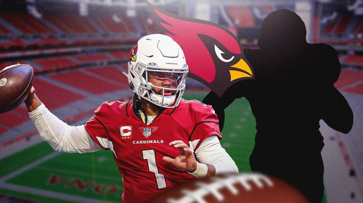 Cardinals QB Kyler Murray throwing a football with a silhouette player next to him
