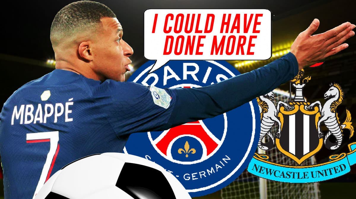Kylian Mbappe saying: 'I could have done more' in front of the PSG and Newcastle logos