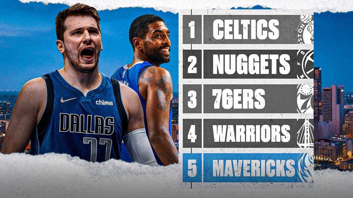 Kyrie Irving and Luka Doncic hyped up on the left, with a screenshot of the Mavs' place in the 2023-24 standings on the right