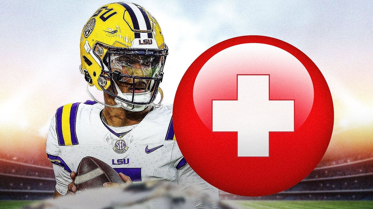 Jayden Daniels of LSU football looking serious and with medical cross symbol ‌