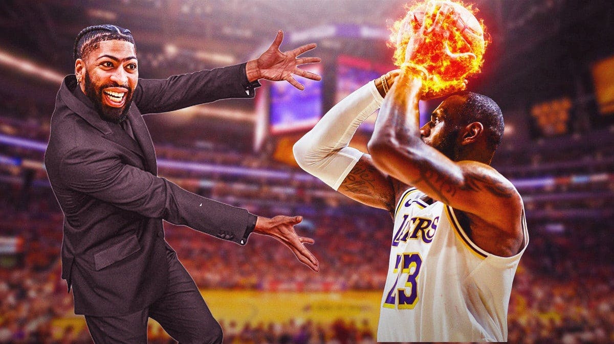 Lakers' Anthony Davis in the Will Smith pointing meme, while pointing to a picture of LeBron James shooting a fireball