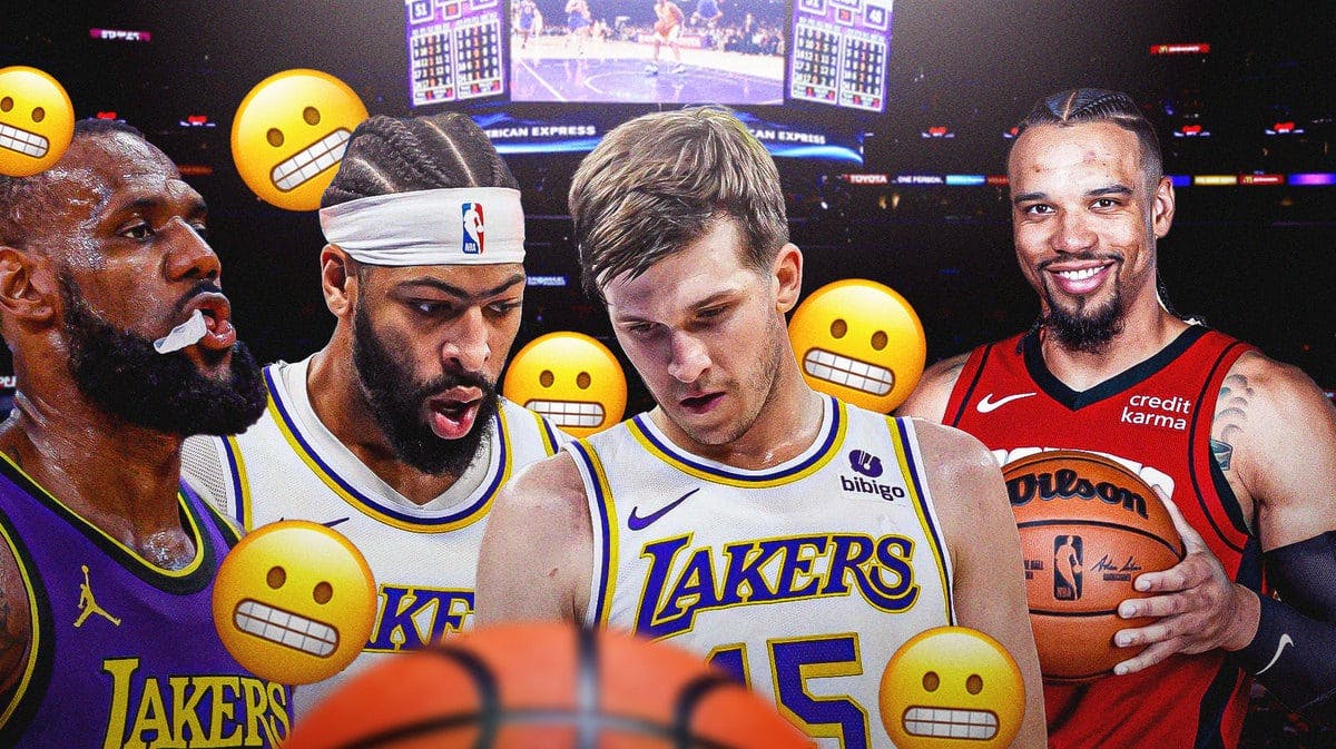 Lakers' LeBron James, Anthony Davis, and Austin Reaves all looking sad, with Rockets' Dillon Brooks happy beside them with grimace emojis all over the Lakers players