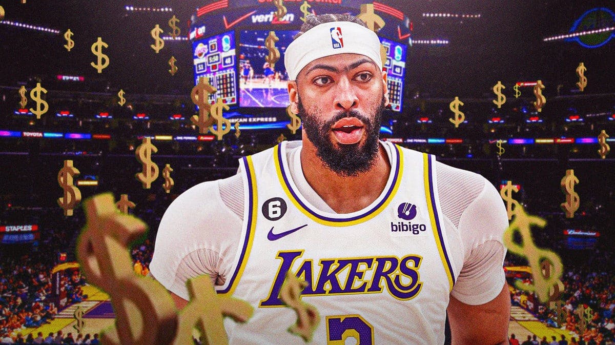 Los Angeles Lakers star Anthony Davis around money signs in front of Crypto.com arena.