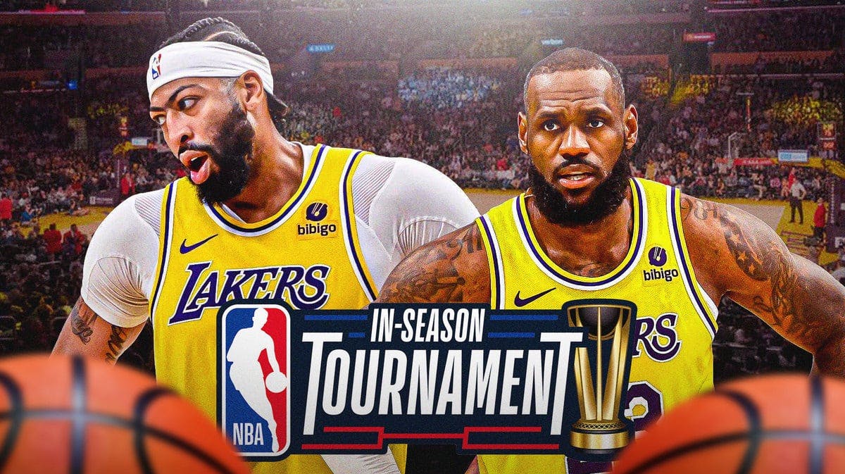 NBA In-Season Tournament logo in background. Lakers' LeBron James, Lakers' Anthony Davis in front looking serious.