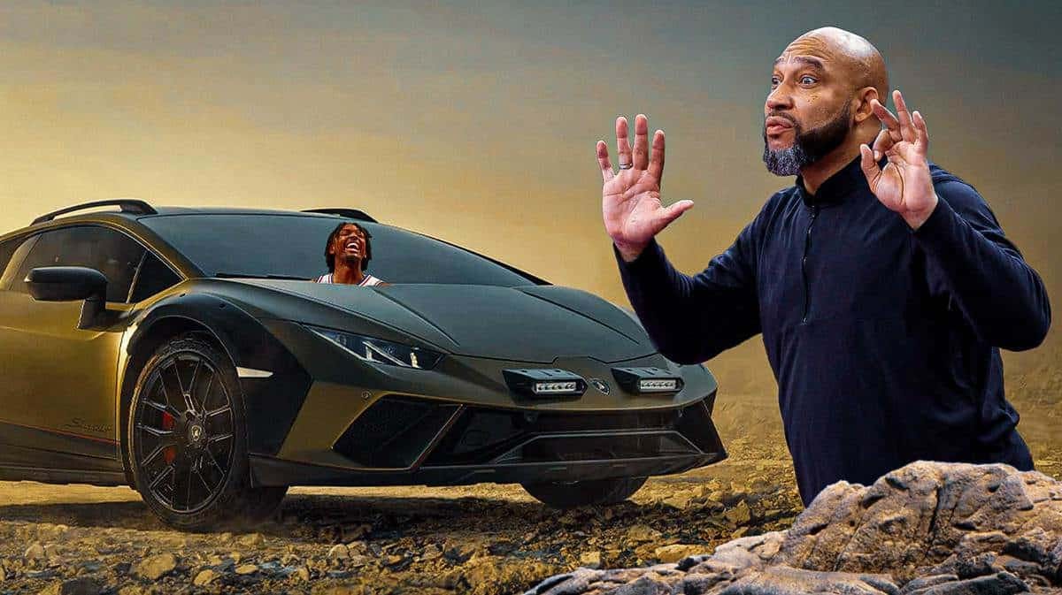 Lakers coach Darvin Ham trying to stop a Lamborghini with Tyrese Maxey driving it