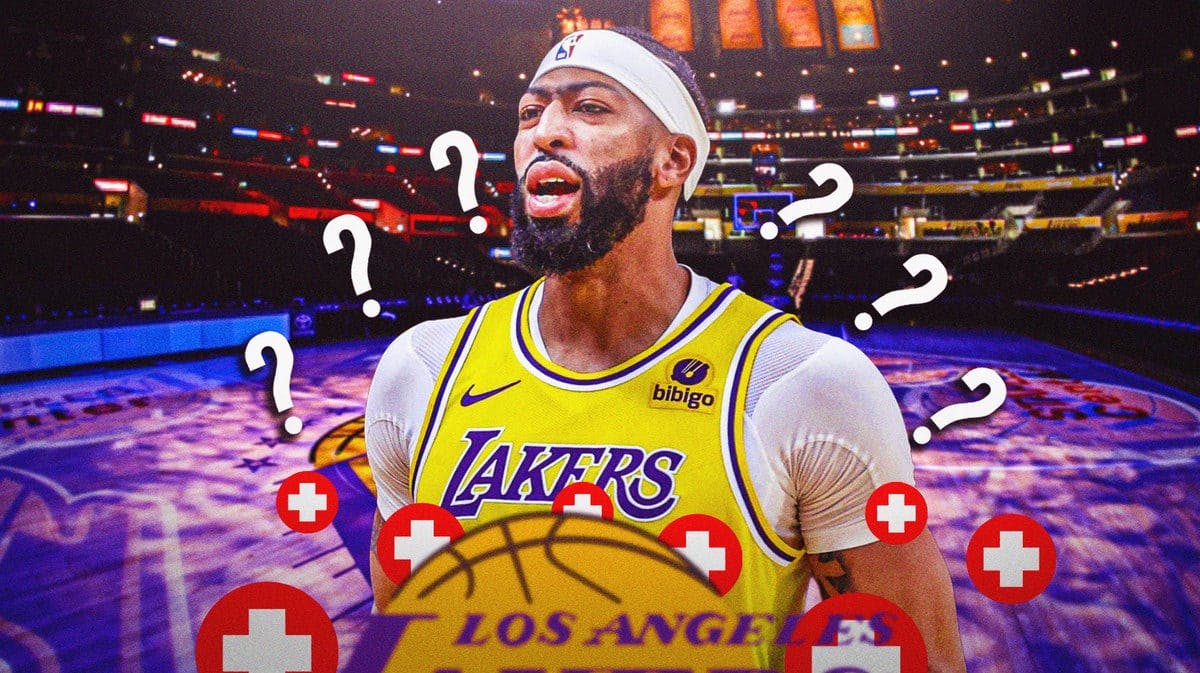 Lakers' Anthony Davis in the middle looking hurt, with question marks and medical red cross around Davis