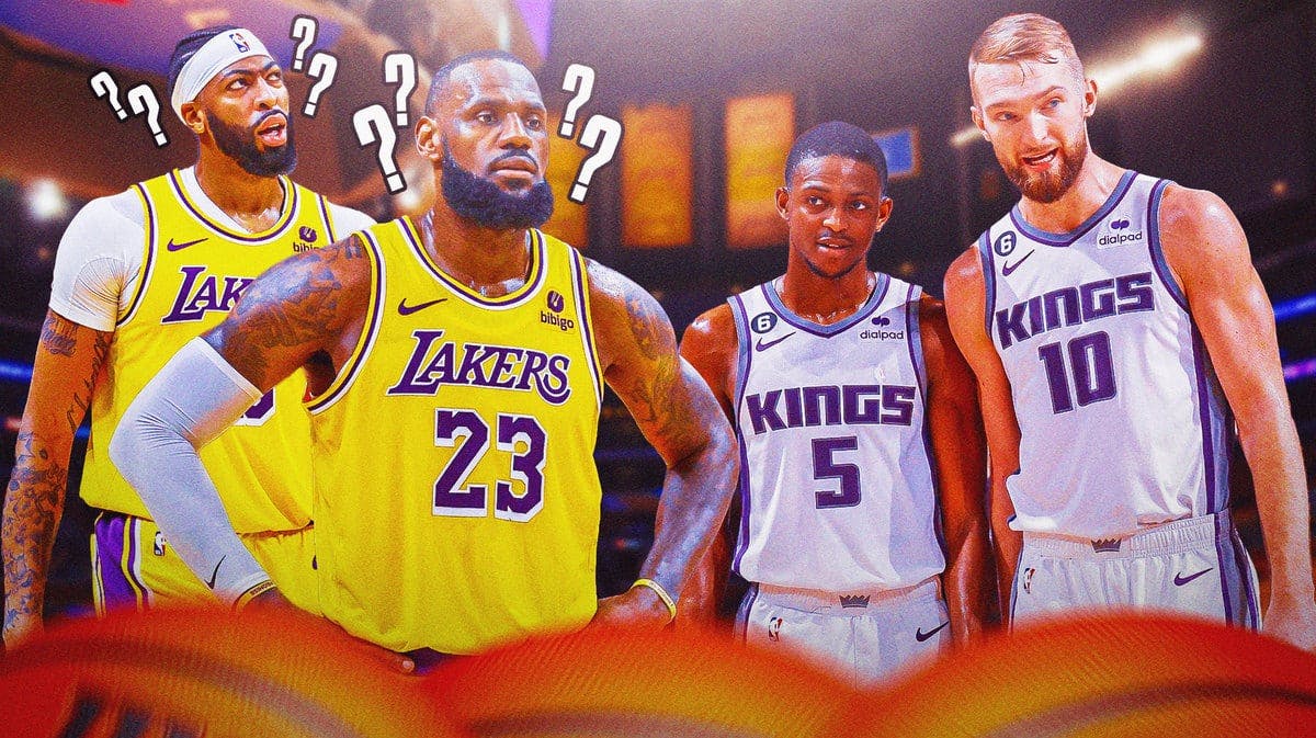 Lakers' LeBron James and Anthony Davis with question marks next to Domantas Sabonis and De'Aaron Fox