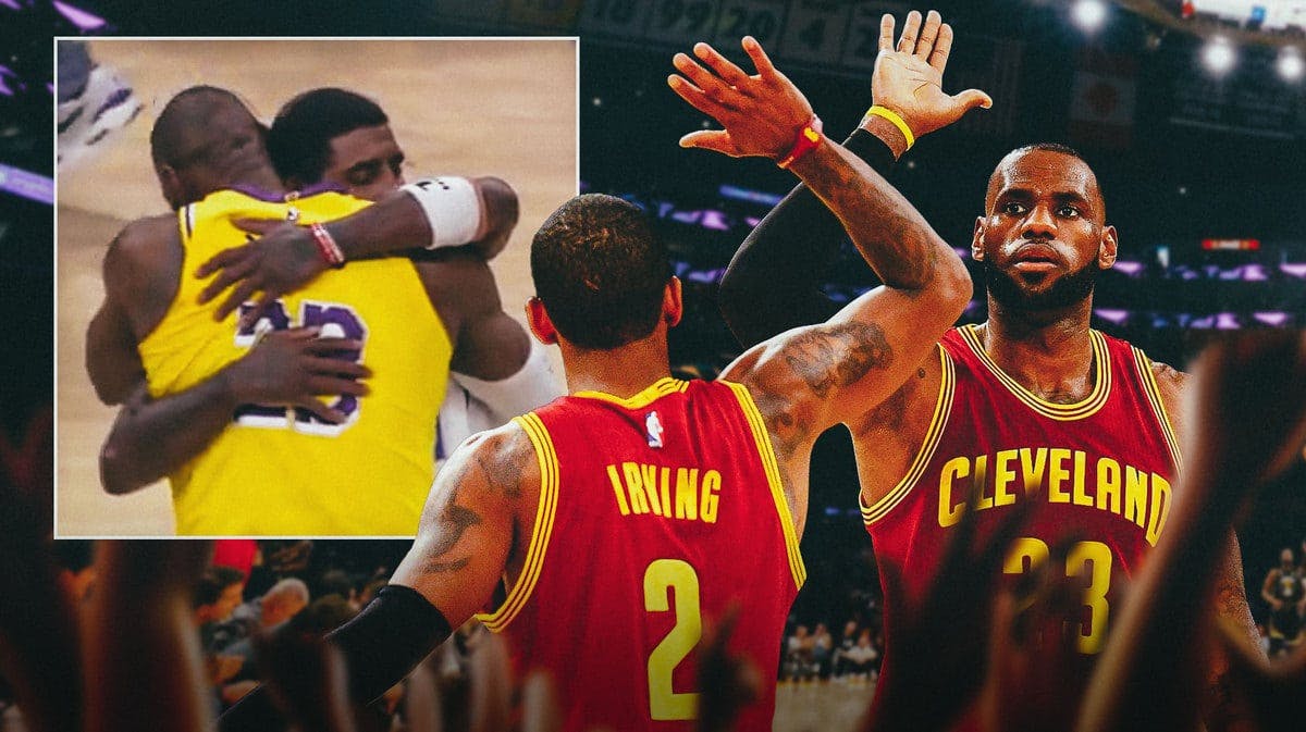 Mavs Kyrie Irving and Lakers LeBron James in a Cavs jersey