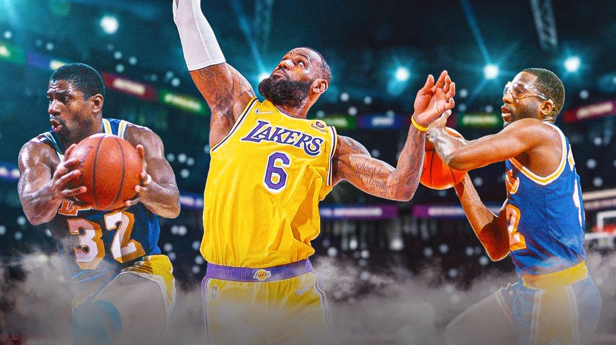 Lakers legends LeBron James, Magic Johnson, and James Worthy
