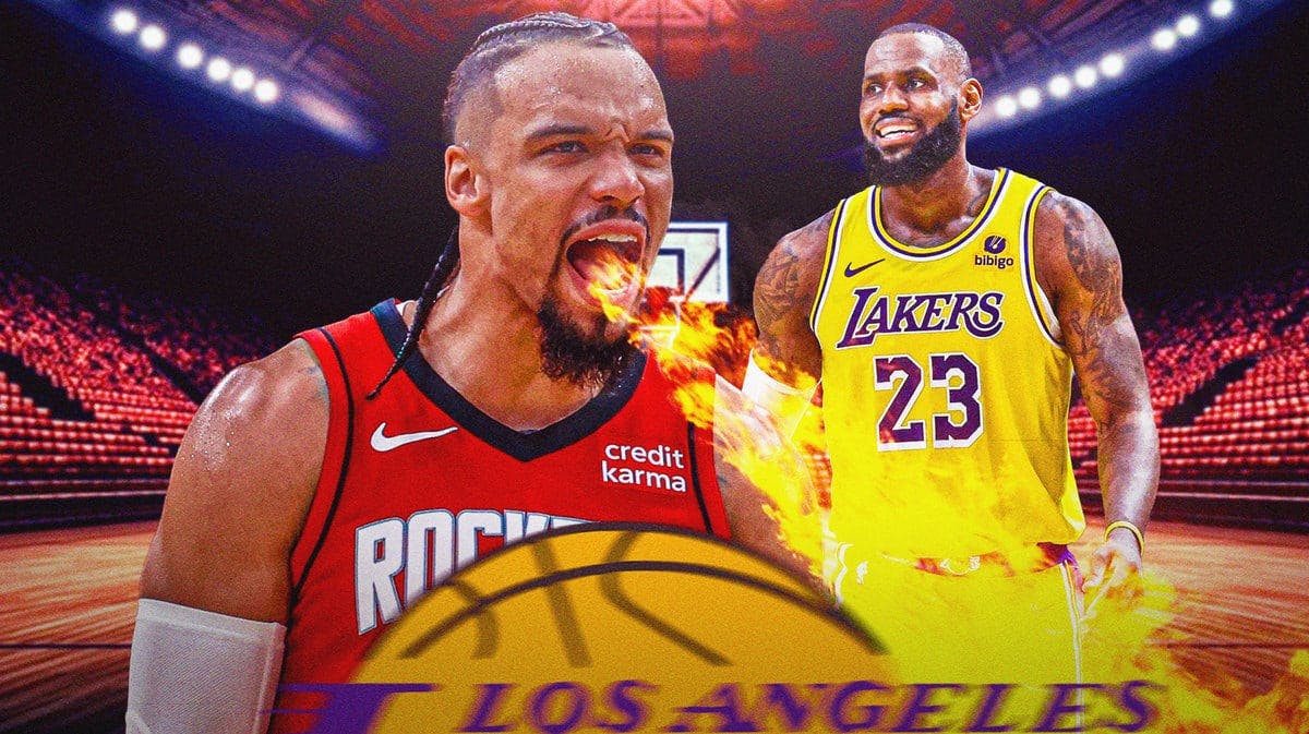 Rockets' Dillon Brooks breathing fire. Lakers' LeBron James smiling.
