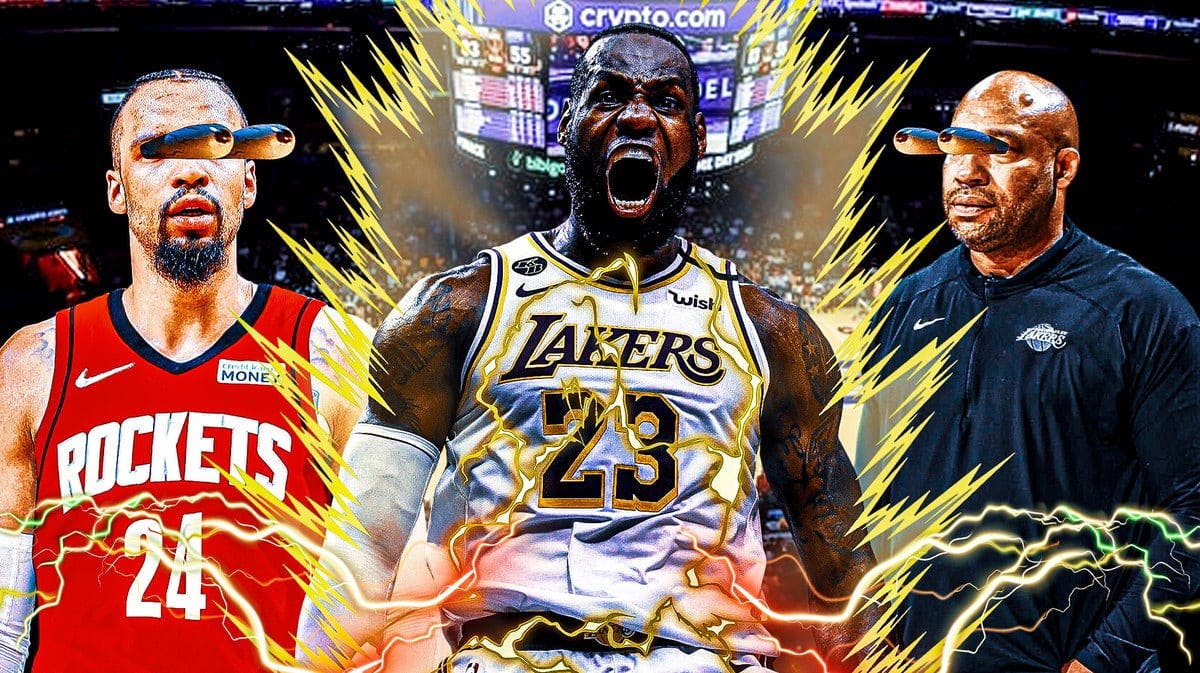 LeBron James with super saiyan aura. Lakers coach Darvin Ham and Rockets' Dillon Brooks with their eyes popping out