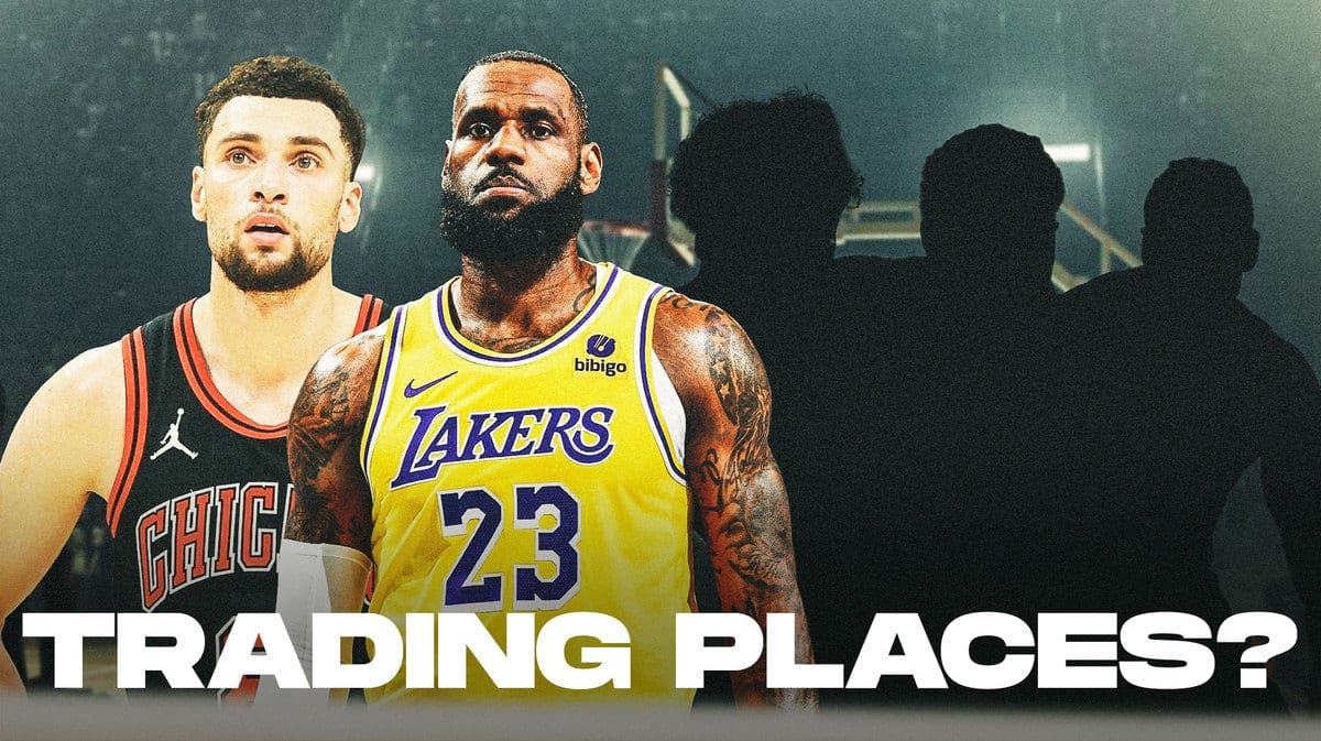 Zach LaVine and LeBron James in the middle, three Mystery Players around them, and the Los Angeles Lakers wallpaper in the background.