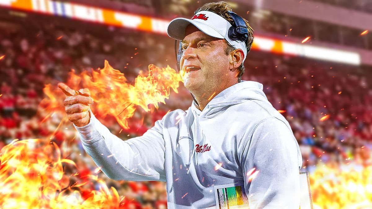Lane Kiffin of Ole Miss football with fire coming out his mouth