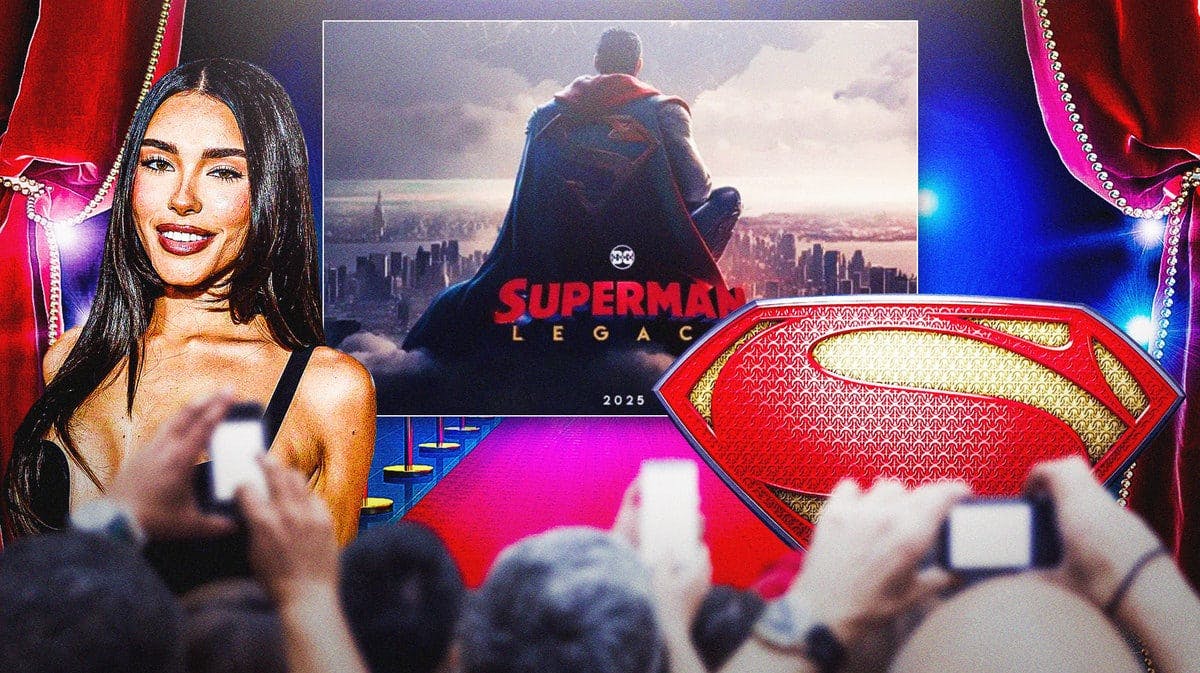 Madison Beer with a Superman logo and Superman: Legacy poster behind her.