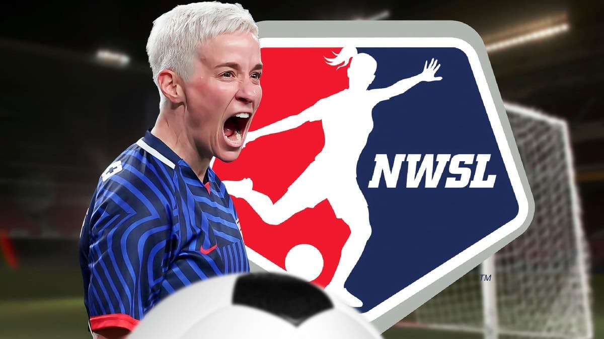 Megan Rapinoe in front of the NWSL logo