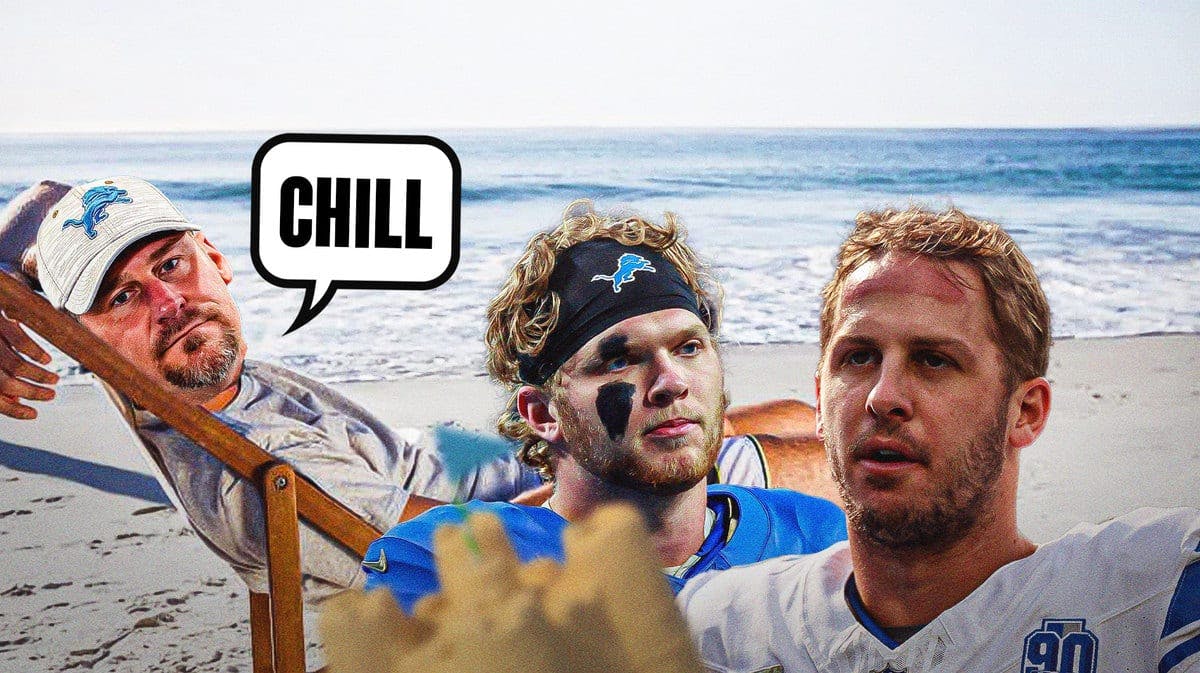 Thumb: Lions' Dan Campbell laying down in a beach chair saying, “Chill…”. Jared Goff, Aidan Hutchinson looking worried.