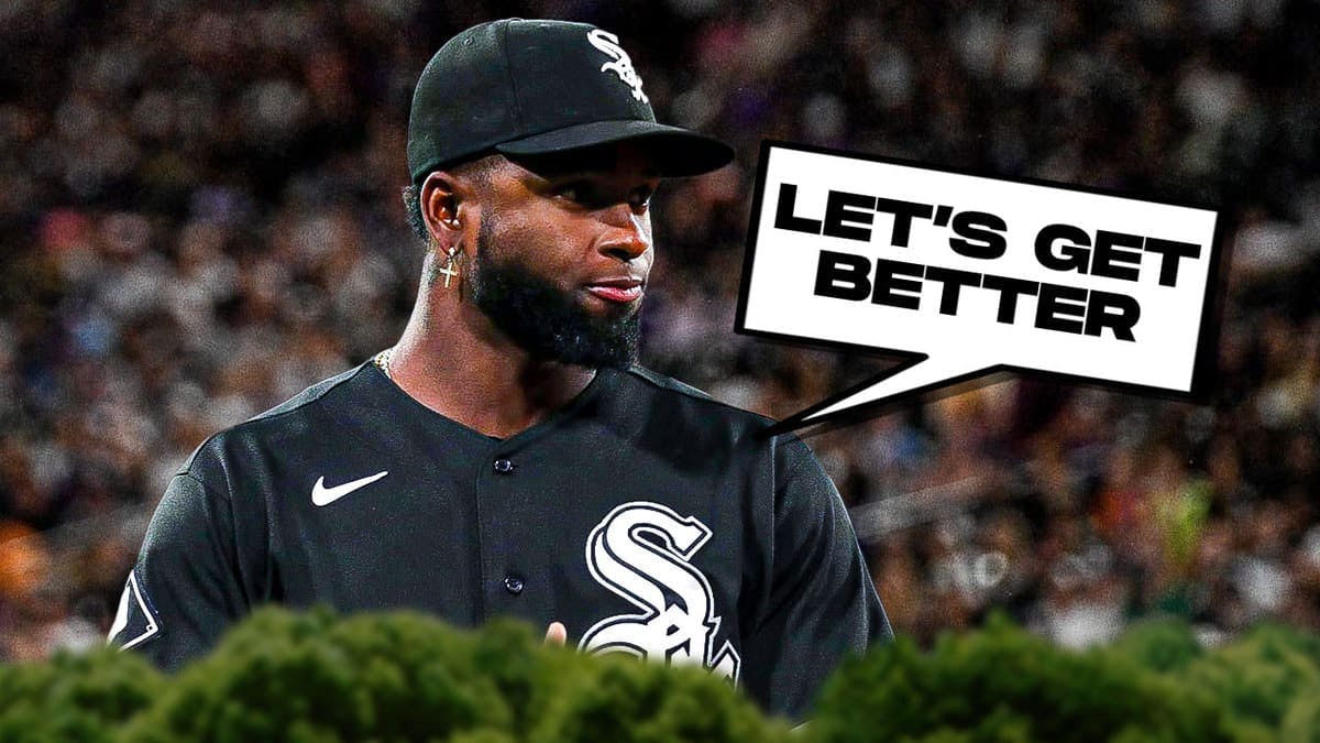 Chicago White Sox' Luis Robert Jr. and speech bubble “Let’s Get Better”