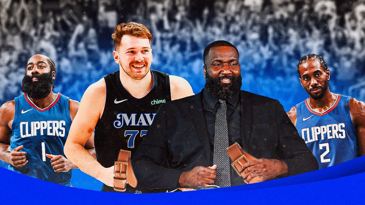 Kendrick Perkins and Mavs' Luka Doncic laughing, with both of them holding a belt, while Clippers' Kawhi Leonard and James Harden look dejected on the side