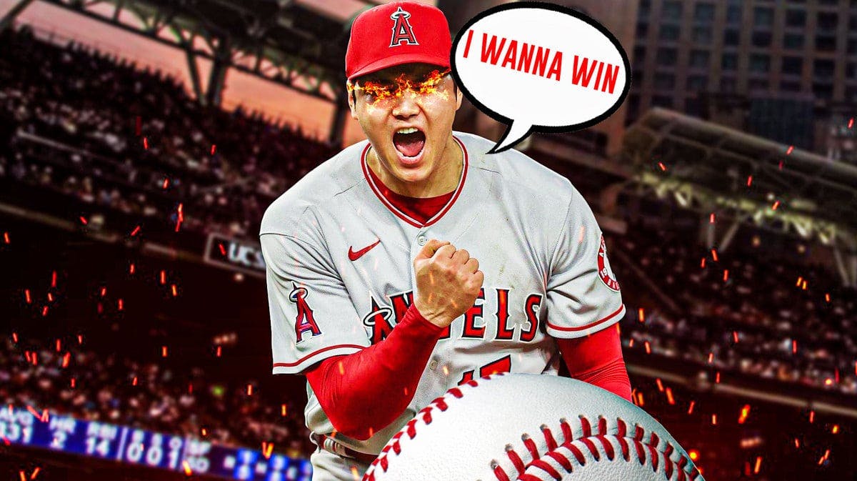 Shohei Ohtani looking pumped in Angels jersey saying “I wanna win” have fire in his eyes