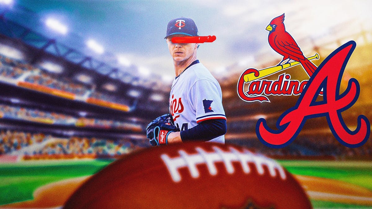 Pitcher Sonny Gray with hearts in his eyes with the Atlanta Braves logo and St. Louis Cardinals logo on either side
