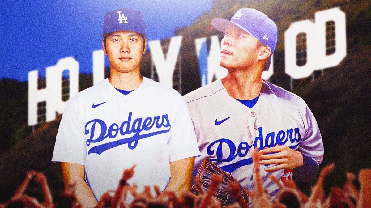 Shohei Ohtani, Yoshinobu Yamamoto both in Dodgers uniforms. Hollywood sign in background