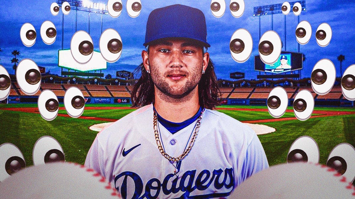 Bo Bichette in a Dodgers uniform with eyeball emojis around him