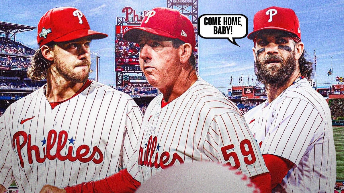 Thumb: Aaron Nola looking at Phillies' Rob Thomson. Bryce Harper saying, “Come home, baby!”