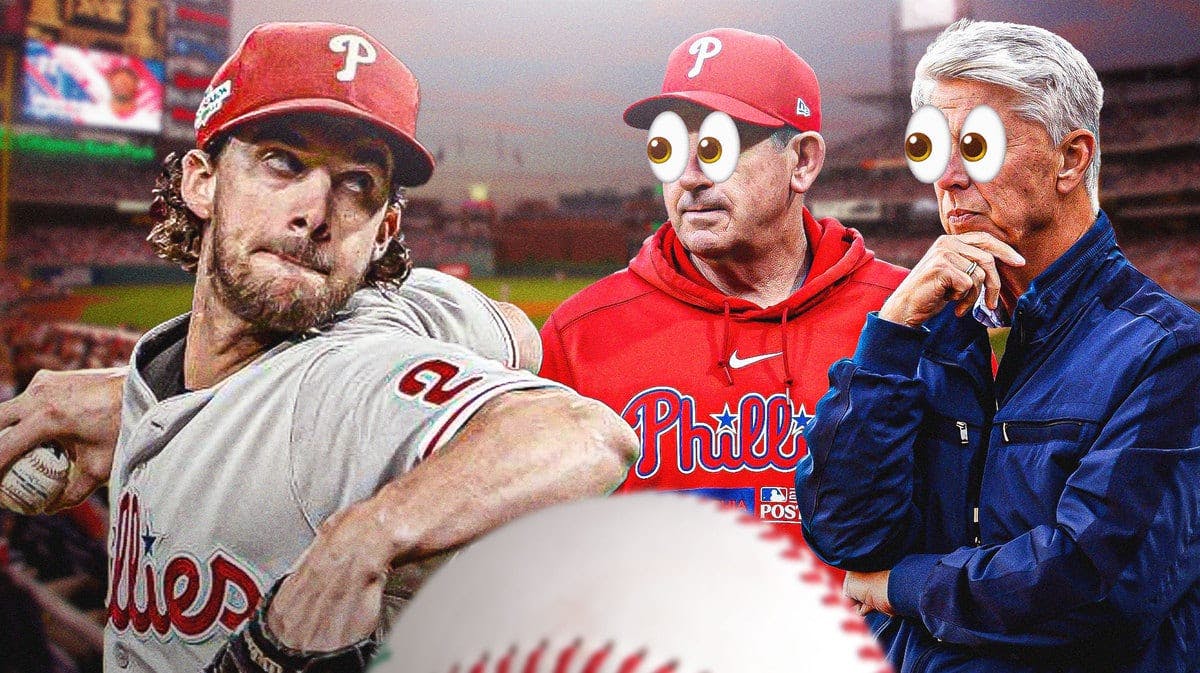 Aaron Nola in Phillies jersey pitching, Rob Thomson, Dave Dombrowski both with peeping eyes looking at Nola