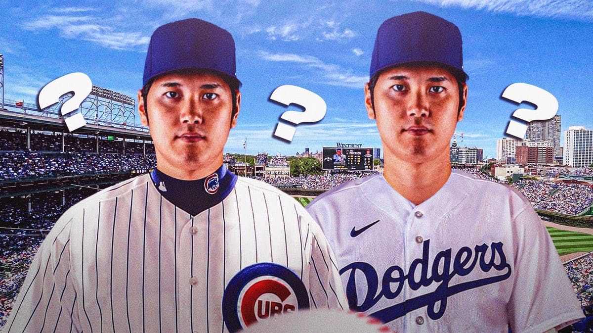 Shohei Ohtani in Cubs jersey, Dodgers jersey, question marks above