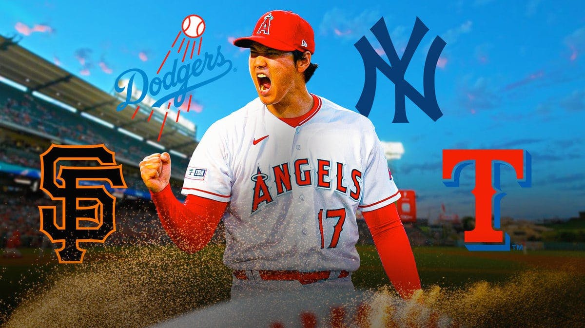 Angels' Shohei Ohtani hyped up in the middle, with logos of Dodgers, Giants, Yankees, and Rangers around him with the shushing emojis around the pic