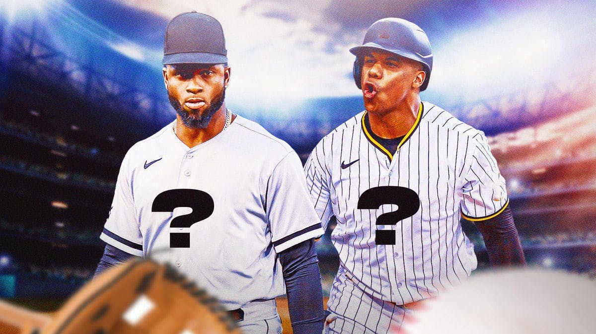 Need Luis Robert Jr and Juan Soto both wearing baseball uniforms. However, place a question mark on each of their jerseys instead of a team logo.