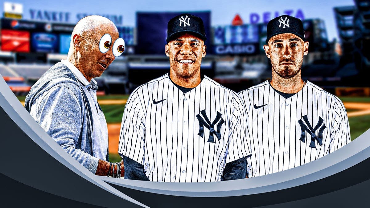 Brian Cashman with big eyeball emojis, Juan Soto and Cody Bellinger in Yankees uniforms