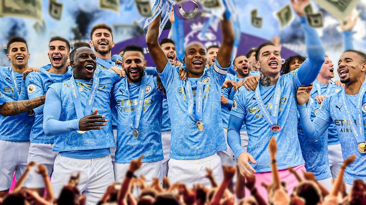 The Manchester City team celebrating together, money falling from the air premier league